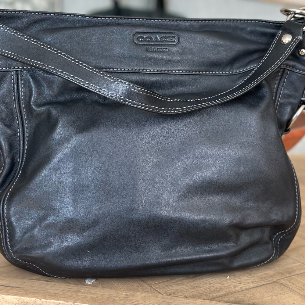 Coach Black Leather Shoulder Bag with Silver Accents